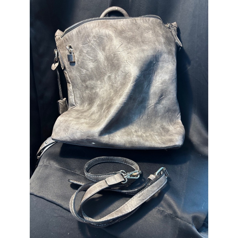 Gray Distressed Vegan Leather Convertible Backpack Shoulder‎ Bag Silver Padlock